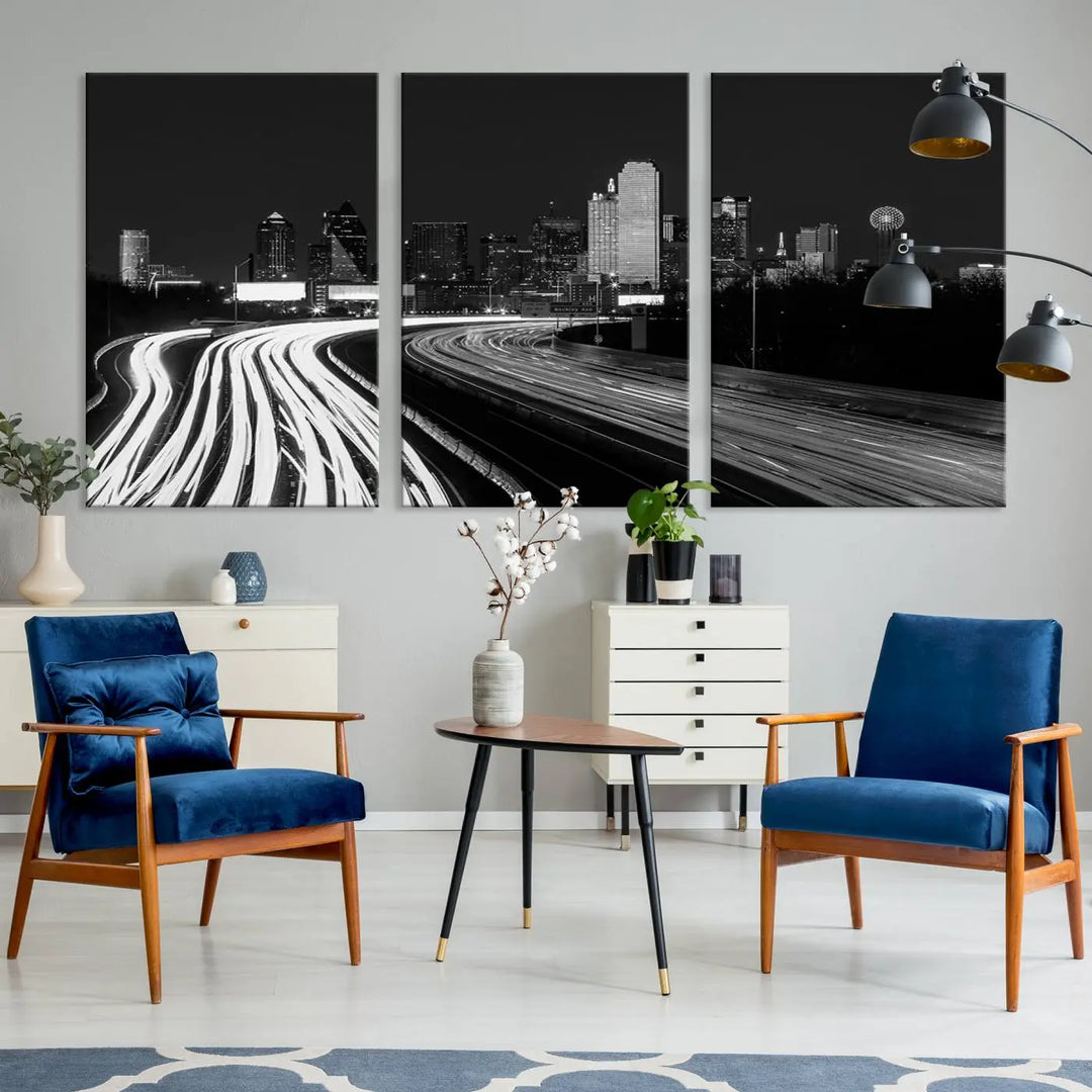 The Dallas City Street Lights Skyline Black and White Wall Art Cityscape Canvas Print features a triptych of a city skyline with light trails. Crafted on museum-quality canvas with a UV-protective coating, this ready-to-hang artwork enhances any contemporary space with its striking urban aesthetic.