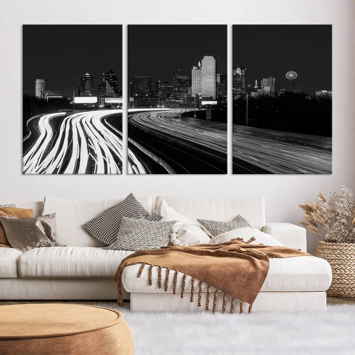 The Dallas City Street Lights Skyline Black and White Wall Art Cityscape Canvas Print features a triptych of a city skyline with light trails. Crafted on museum-quality canvas with a UV-protective coating, this ready-to-hang artwork enhances any contemporary space with its striking urban aesthetic.