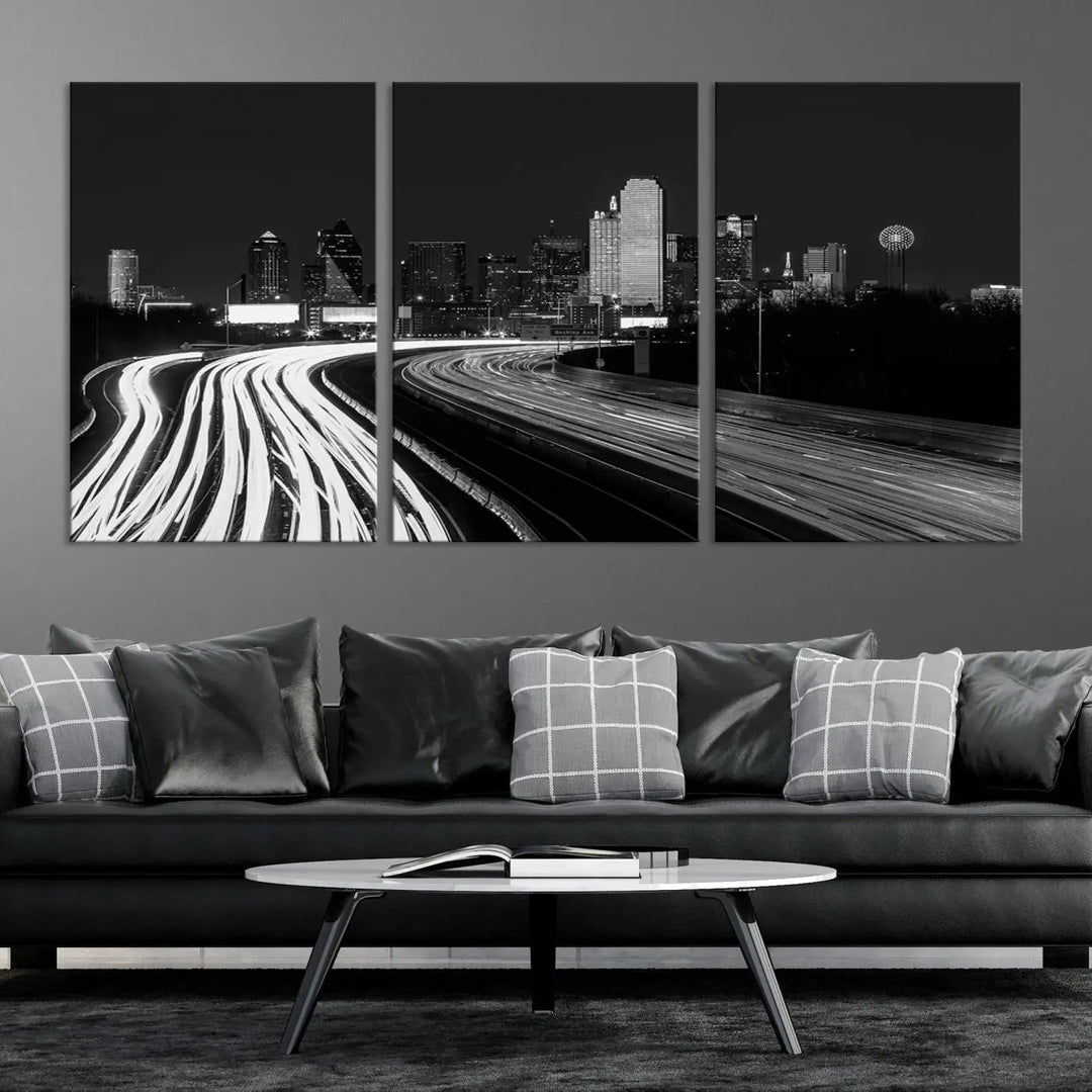 The Dallas City Street Lights Skyline Black and White Wall Art Cityscape Canvas Print features a triptych of a city skyline with light trails. Crafted on museum-quality canvas with a UV-protective coating, this ready-to-hang artwork enhances any contemporary space with its striking urban aesthetic.