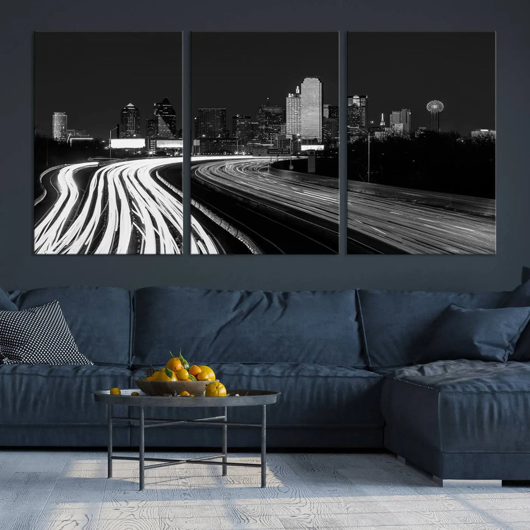 The Dallas City Street Lights Skyline Black and White Wall Art Cityscape Canvas Print features a triptych of a city skyline with light trails. Crafted on museum-quality canvas with a UV-protective coating, this ready-to-hang artwork enhances any contemporary space with its striking urban aesthetic.