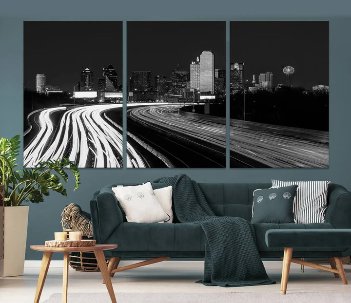 The Dallas City Street Lights Skyline Black and White Wall Art Cityscape Canvas Print features a triptych of a city skyline with light trails. Crafted on museum-quality canvas with a UV-protective coating, this ready-to-hang artwork enhances any contemporary space with its striking urban aesthetic.