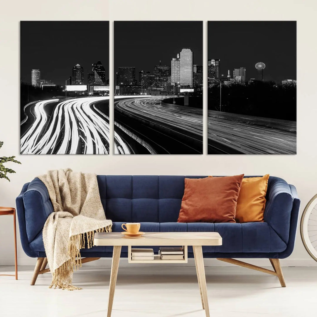 The Dallas City Street Lights Skyline Black and White Wall Art Cityscape Canvas Print features a triptych of a city skyline with light trails. Crafted on museum-quality canvas with a UV-protective coating, this ready-to-hang artwork enhances any contemporary space with its striking urban aesthetic.