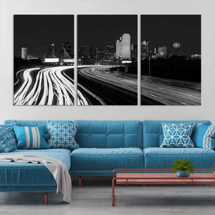 The Dallas City Street Lights Skyline Black and White Wall Art Cityscape Canvas Print features a triptych of a city skyline with light trails. Crafted on museum-quality canvas with a UV-protective coating, this ready-to-hang artwork enhances any contemporary space with its striking urban aesthetic.