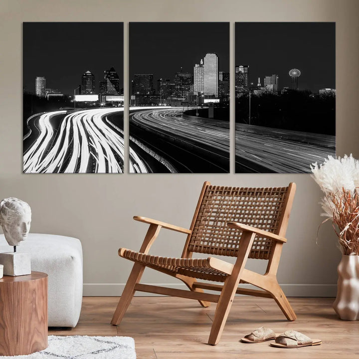 The Dallas City Street Lights Skyline Black and White Wall Art Cityscape Canvas Print features a triptych of a city skyline with light trails. Crafted on museum-quality canvas with a UV-protective coating, this ready-to-hang artwork enhances any contemporary space with its striking urban aesthetic.