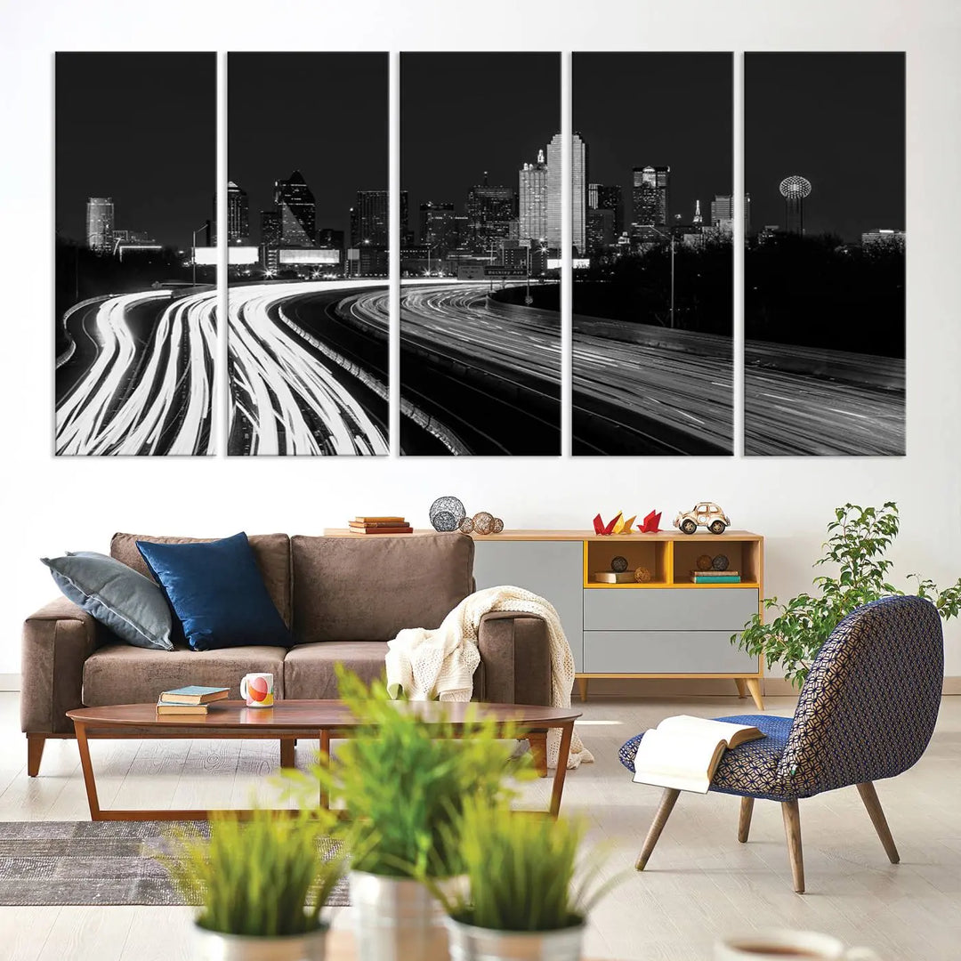 The Dallas City Street Lights Skyline Black and White Wall Art Cityscape Canvas Print features a triptych of a city skyline with light trails. Crafted on museum-quality canvas with a UV-protective coating, this ready-to-hang artwork enhances any contemporary space with its striking urban aesthetic.