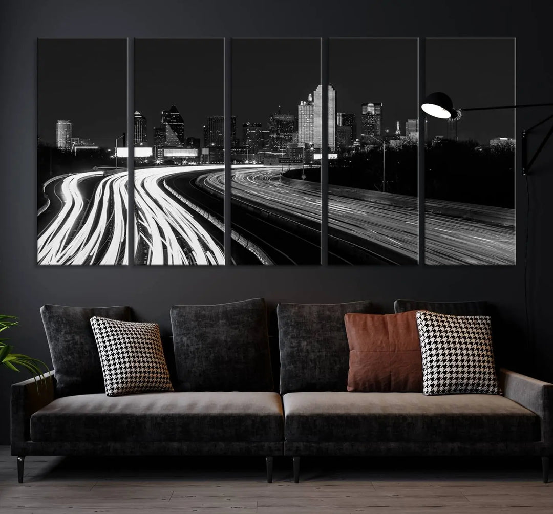 The Dallas City Street Lights Skyline Black and White Wall Art Cityscape Canvas Print features a triptych of a city skyline with light trails. Crafted on museum-quality canvas with a UV-protective coating, this ready-to-hang artwork enhances any contemporary space with its striking urban aesthetic.