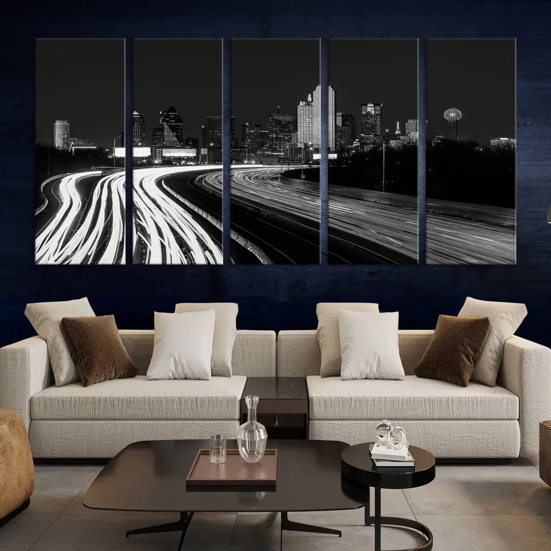 The Dallas City Street Lights Skyline Black and White Wall Art Cityscape Canvas Print features a triptych of a city skyline with light trails. Crafted on museum-quality canvas with a UV-protective coating, this ready-to-hang artwork enhances any contemporary space with its striking urban aesthetic.