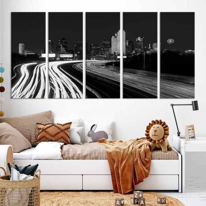 The Dallas City Street Lights Skyline Black and White Wall Art Cityscape Canvas Print features a triptych of a city skyline with light trails. Crafted on museum-quality canvas with a UV-protective coating, this ready-to-hang artwork enhances any contemporary space with its striking urban aesthetic.