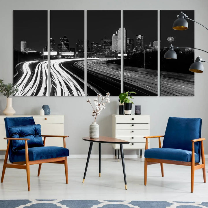 The Dallas City Street Lights Skyline Black and White Wall Art Cityscape Canvas Print features a triptych of a city skyline with light trails. Crafted on museum-quality canvas with a UV-protective coating, this ready-to-hang artwork enhances any contemporary space with its striking urban aesthetic.