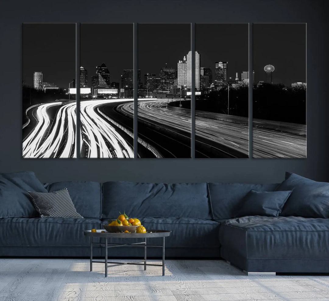 The Dallas City Street Lights Skyline Black and White Wall Art Cityscape Canvas Print features a triptych of a city skyline with light trails. Crafted on museum-quality canvas with a UV-protective coating, this ready-to-hang artwork enhances any contemporary space with its striking urban aesthetic.