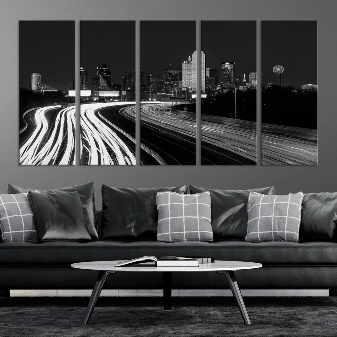 The Dallas City Street Lights Skyline Black and White Wall Art Cityscape Canvas Print features a triptych of a city skyline with light trails. Crafted on museum-quality canvas with a UV-protective coating, this ready-to-hang artwork enhances any contemporary space with its striking urban aesthetic.