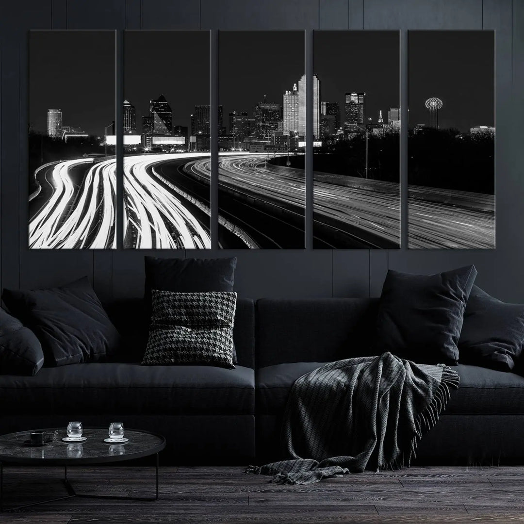 The Dallas City Street Lights Skyline Black and White Wall Art Cityscape Canvas Print features a triptych of a city skyline with light trails. Crafted on museum-quality canvas with a UV-protective coating, this ready-to-hang artwork enhances any contemporary space with its striking urban aesthetic.