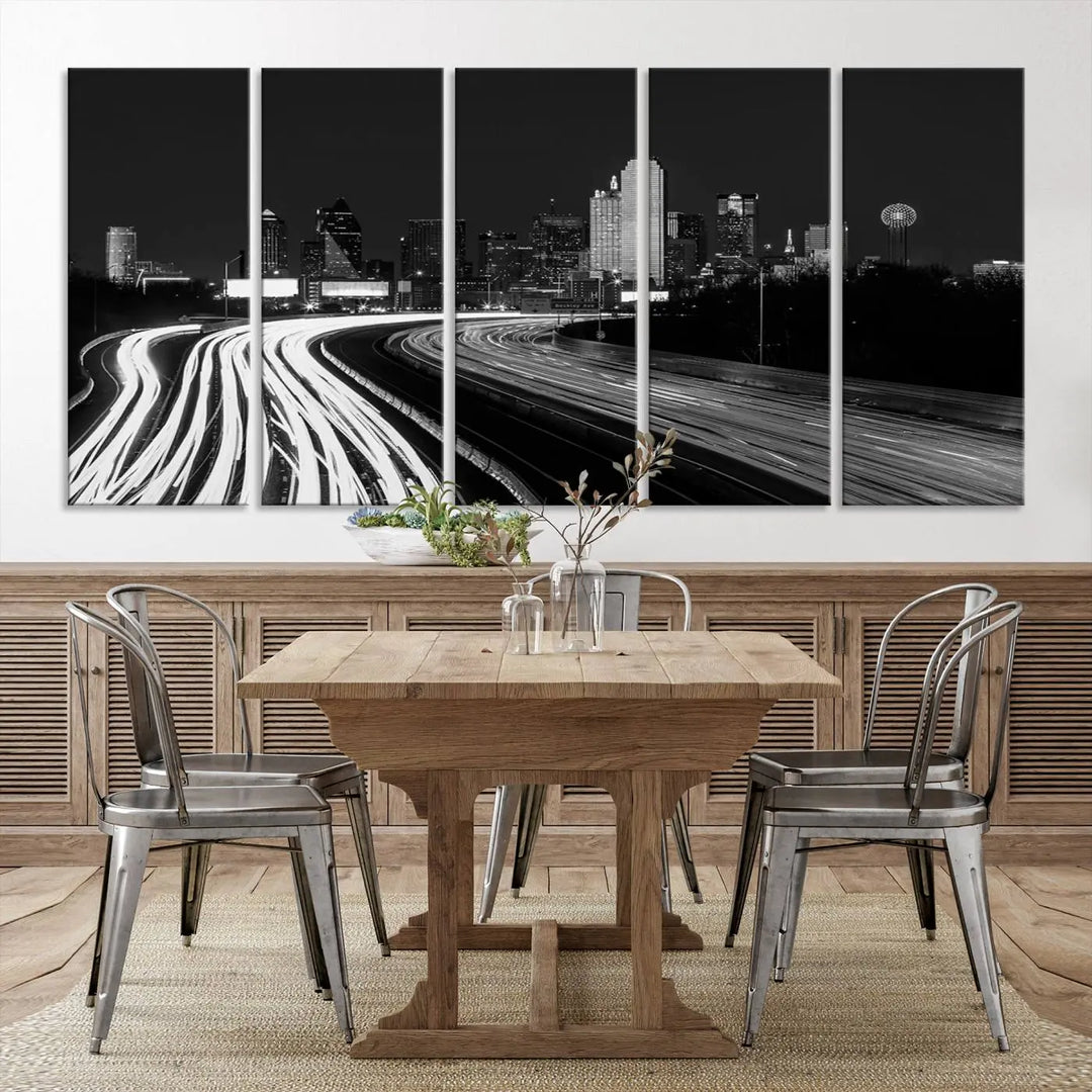 The Dallas City Street Lights Skyline Black and White Wall Art Cityscape Canvas Print features a triptych of a city skyline with light trails. Crafted on museum-quality canvas with a UV-protective coating, this ready-to-hang artwork enhances any contemporary space with its striking urban aesthetic.