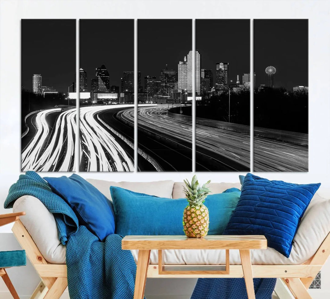 The Dallas City Street Lights Skyline Black and White Wall Art Cityscape Canvas Print features a triptych of a city skyline with light trails. Crafted on museum-quality canvas with a UV-protective coating, this ready-to-hang artwork enhances any contemporary space with its striking urban aesthetic.