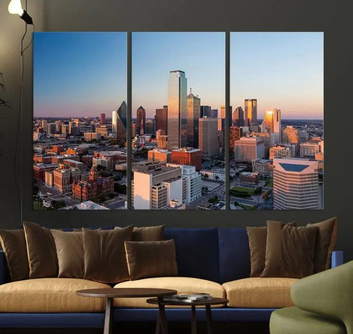 A triptych featuring the Dallas City Sunrise Skyline Cityscape View Wall Art Canvas Print is gracefully showcased. This museum-quality canvas arrives ready to hang, with vibrant colors meticulously preserved through UV-protective coating.