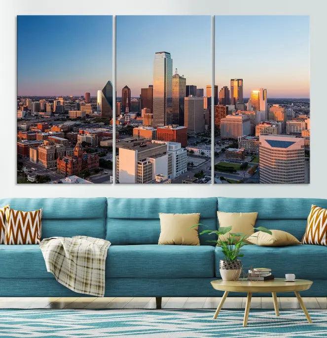 A triptych featuring the Dallas City Sunrise Skyline Cityscape View Wall Art Canvas Print is gracefully showcased. This museum-quality canvas arrives ready to hang, with vibrant colors meticulously preserved through UV-protective coating.