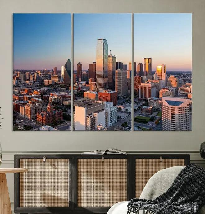 A triptych featuring the Dallas City Sunrise Skyline Cityscape View Wall Art Canvas Print is gracefully showcased. This museum-quality canvas arrives ready to hang, with vibrant colors meticulously preserved through UV-protective coating.