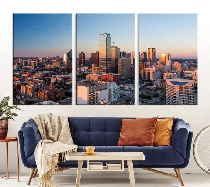 A triptych featuring the Dallas City Sunrise Skyline Cityscape View Wall Art Canvas Print is gracefully showcased. This museum-quality canvas arrives ready to hang, with vibrant colors meticulously preserved through UV-protective coating.