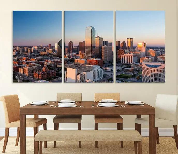 A triptych featuring the Dallas City Sunrise Skyline Cityscape View Wall Art Canvas Print is gracefully showcased. This museum-quality canvas arrives ready to hang, with vibrant colors meticulously preserved through UV-protective coating.