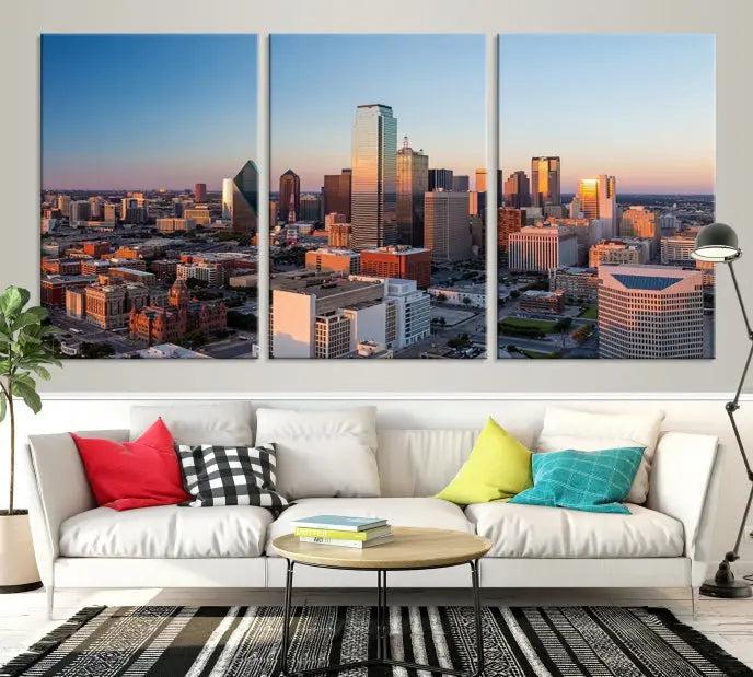 A triptych featuring the Dallas City Sunrise Skyline Cityscape View Wall Art Canvas Print is gracefully showcased. This museum-quality canvas arrives ready to hang, with vibrant colors meticulously preserved through UV-protective coating.