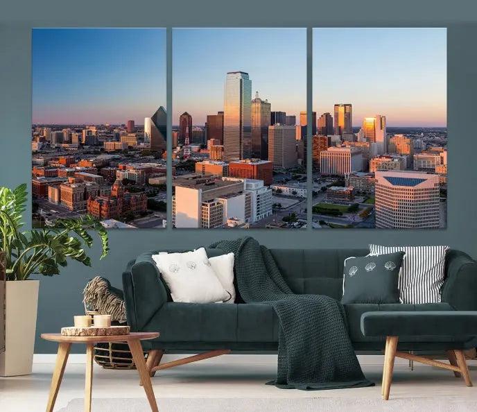 A triptych featuring the Dallas City Sunrise Skyline Cityscape View Wall Art Canvas Print is gracefully showcased. This museum-quality canvas arrives ready to hang, with vibrant colors meticulously preserved through UV-protective coating.