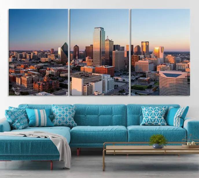 A triptych featuring the Dallas City Sunrise Skyline Cityscape View Wall Art Canvas Print is gracefully showcased. This museum-quality canvas arrives ready to hang, with vibrant colors meticulously preserved through UV-protective coating.