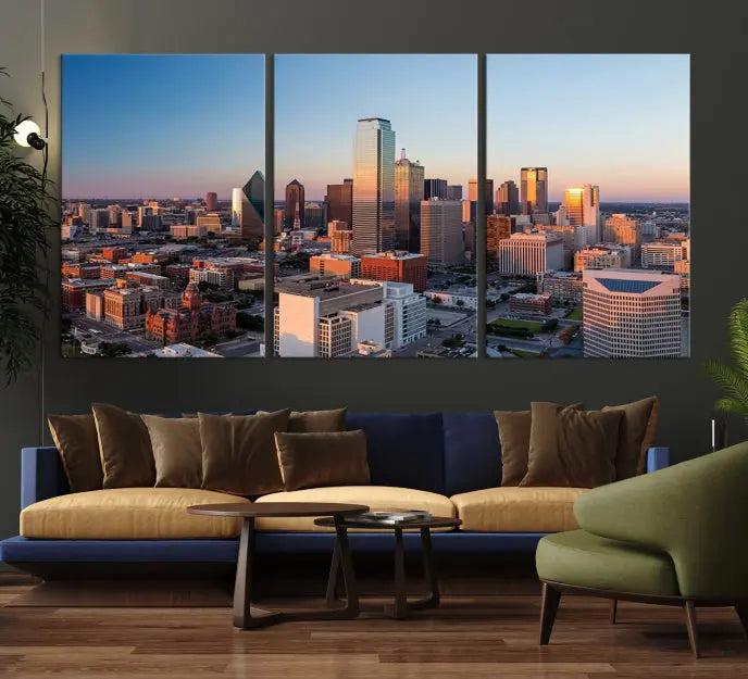 A triptych featuring the Dallas City Sunrise Skyline Cityscape View Wall Art Canvas Print is gracefully showcased. This museum-quality canvas arrives ready to hang, with vibrant colors meticulously preserved through UV-protective coating.