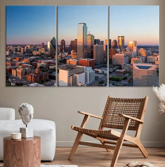 A triptych featuring the Dallas City Sunrise Skyline Cityscape View Wall Art Canvas Print is gracefully showcased. This museum-quality canvas arrives ready to hang, with vibrant colors meticulously preserved through UV-protective coating.