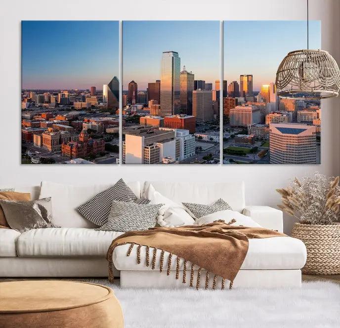 A triptych featuring the Dallas City Sunrise Skyline Cityscape View Wall Art Canvas Print is gracefully showcased. This museum-quality canvas arrives ready to hang, with vibrant colors meticulously preserved through UV-protective coating.