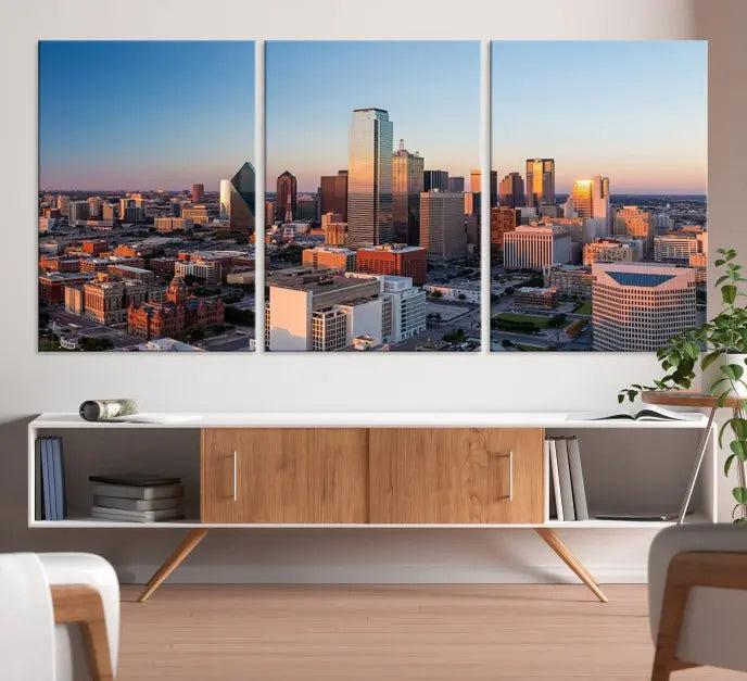 A triptych featuring the Dallas City Sunrise Skyline Cityscape View Wall Art Canvas Print is gracefully showcased. This museum-quality canvas arrives ready to hang, with vibrant colors meticulously preserved through UV-protective coating.