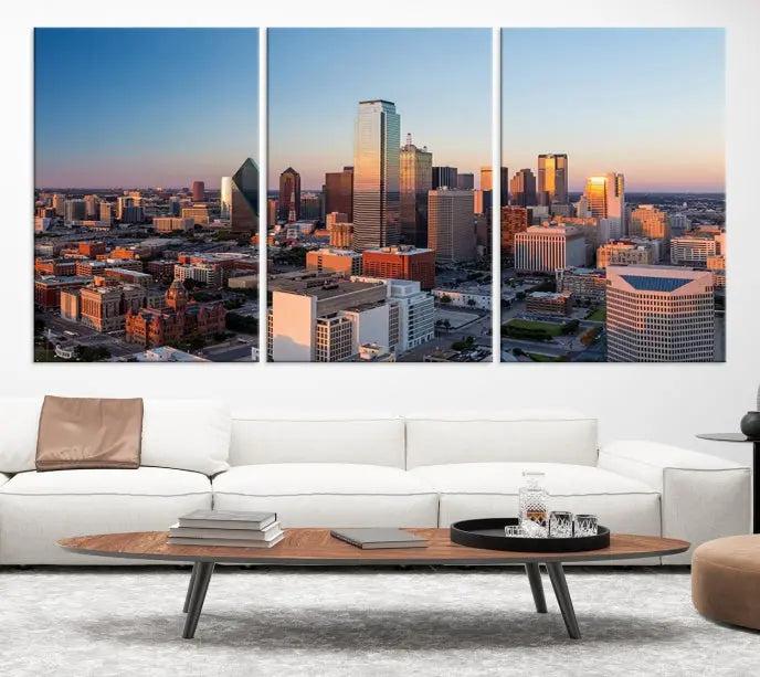 A triptych featuring the Dallas City Sunrise Skyline Cityscape View Wall Art Canvas Print is gracefully showcased. This museum-quality canvas arrives ready to hang, with vibrant colors meticulously preserved through UV-protective coating.