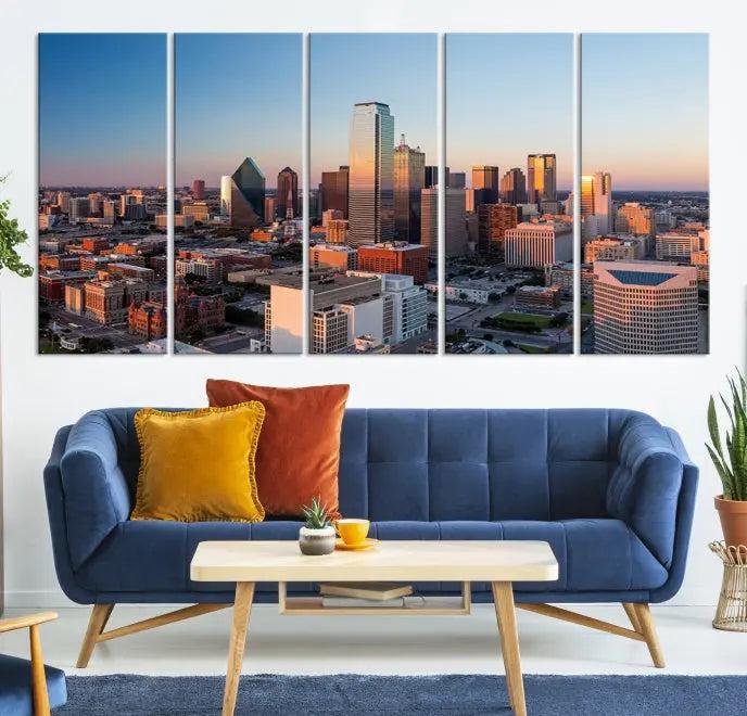 A triptych featuring the Dallas City Sunrise Skyline Cityscape View Wall Art Canvas Print is gracefully showcased. This museum-quality canvas arrives ready to hang, with vibrant colors meticulously preserved through UV-protective coating.