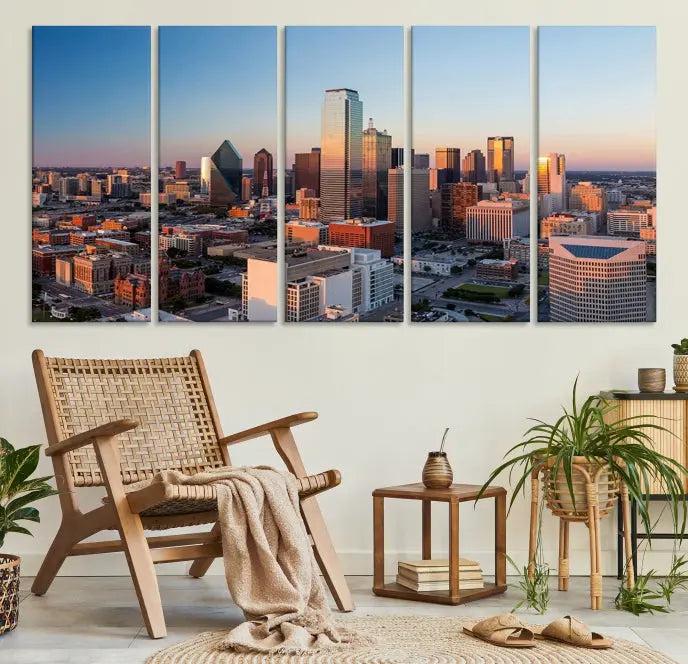 A triptych featuring the Dallas City Sunrise Skyline Cityscape View Wall Art Canvas Print is gracefully showcased. This museum-quality canvas arrives ready to hang, with vibrant colors meticulously preserved through UV-protective coating.