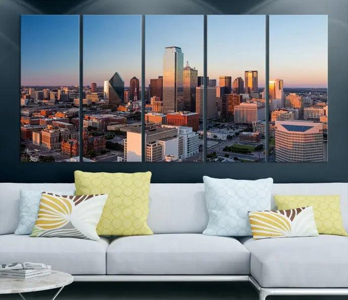 A triptych featuring the Dallas City Sunrise Skyline Cityscape View Wall Art Canvas Print is gracefully showcased. This museum-quality canvas arrives ready to hang, with vibrant colors meticulously preserved through UV-protective coating.