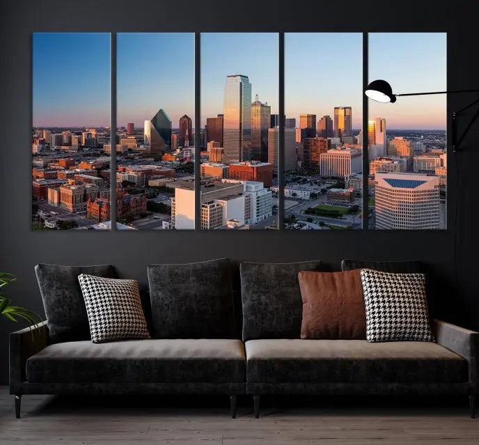 A triptych featuring the Dallas City Sunrise Skyline Cityscape View Wall Art Canvas Print is gracefully showcased. This museum-quality canvas arrives ready to hang, with vibrant colors meticulously preserved through UV-protective coating.