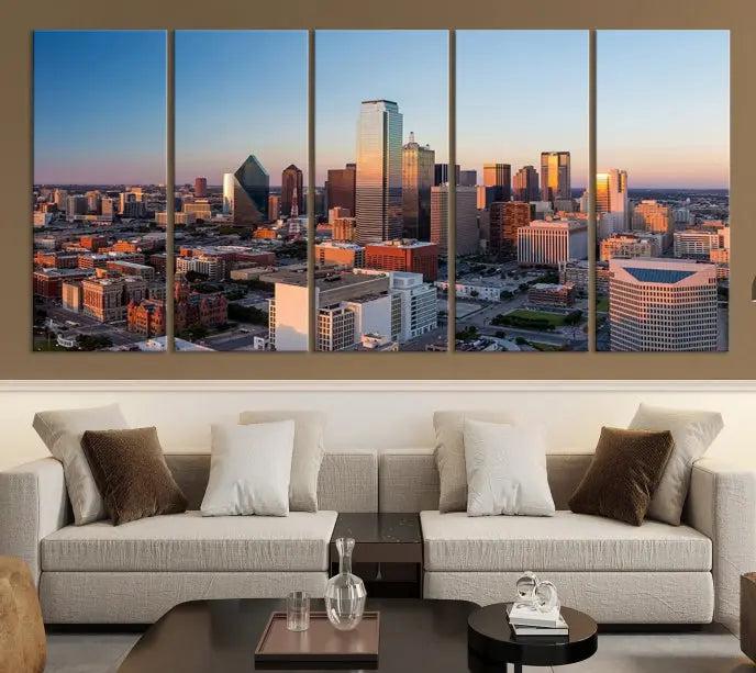 A triptych featuring the Dallas City Sunrise Skyline Cityscape View Wall Art Canvas Print is gracefully showcased. This museum-quality canvas arrives ready to hang, with vibrant colors meticulously preserved through UV-protective coating.