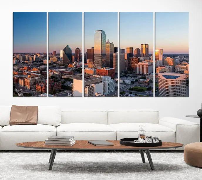 A triptych featuring the Dallas City Sunrise Skyline Cityscape View Wall Art Canvas Print is gracefully showcased. This museum-quality canvas arrives ready to hang, with vibrant colors meticulously preserved through UV-protective coating.