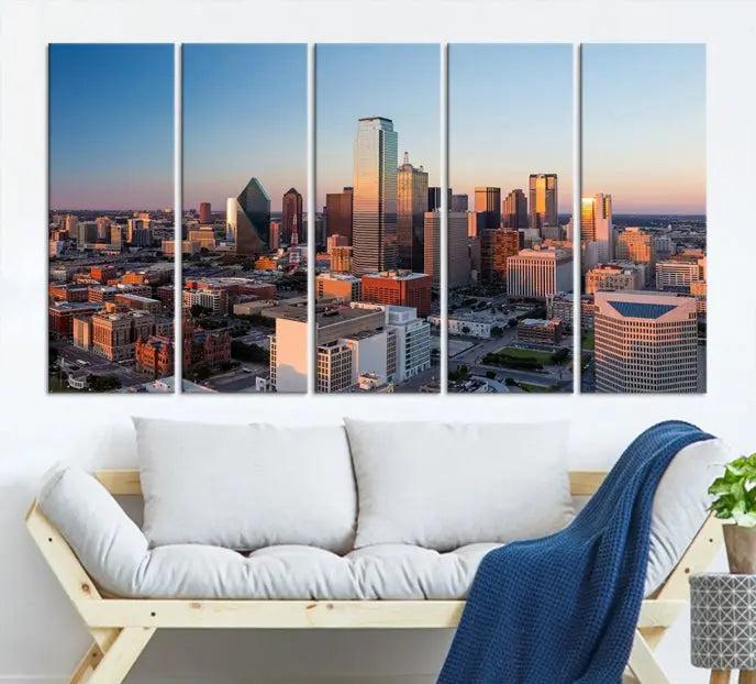 A triptych featuring the Dallas City Sunrise Skyline Cityscape View Wall Art Canvas Print is gracefully showcased. This museum-quality canvas arrives ready to hang, with vibrant colors meticulously preserved through UV-protective coating.