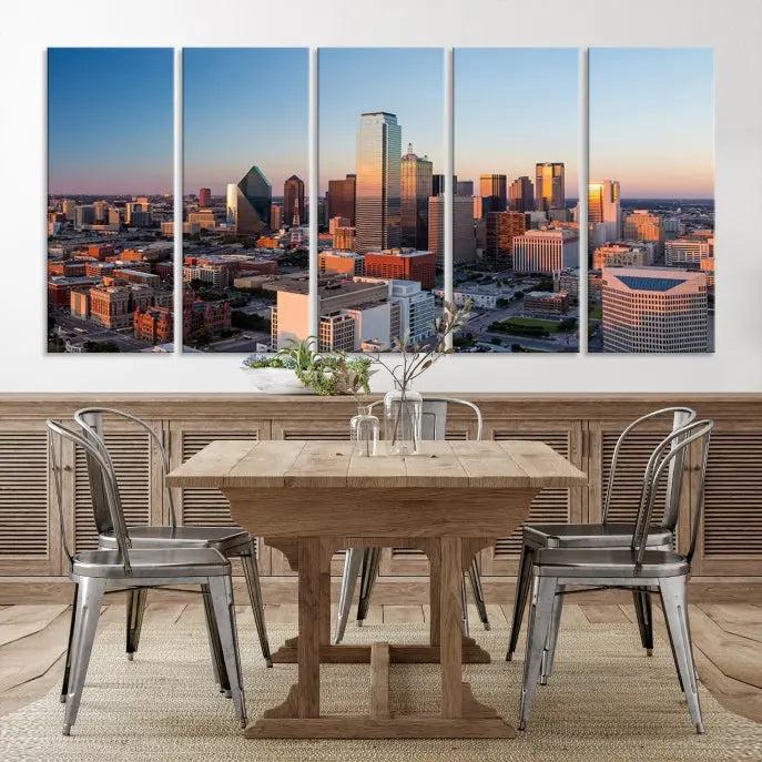 A triptych featuring the Dallas City Sunrise Skyline Cityscape View Wall Art Canvas Print is gracefully showcased. This museum-quality canvas arrives ready to hang, with vibrant colors meticulously preserved through UV-protective coating.