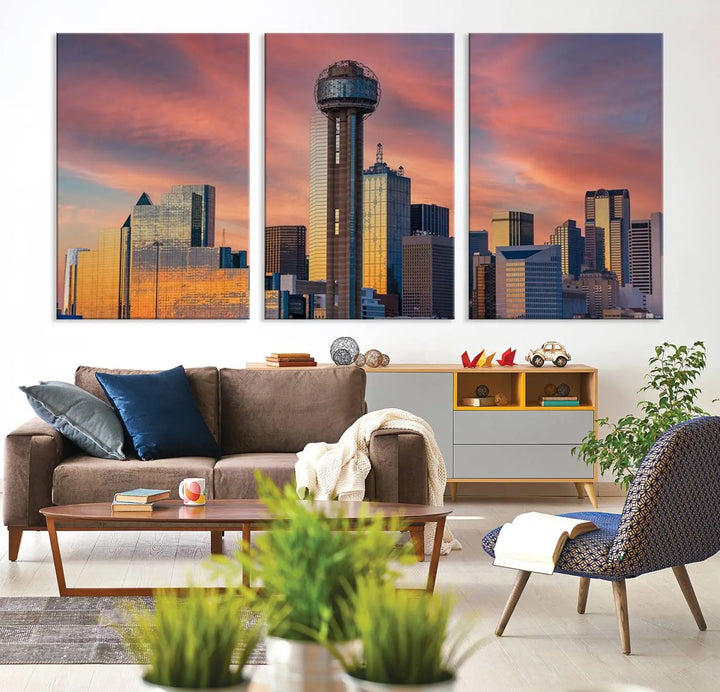 The living room features the Dallas City Tower Sunset Skyline Cityscape View wall art. This triptych canvas print is crafted from museum-quality polycotton with a UV-protective coating, ensuring it remains vibrant and ready to hang.