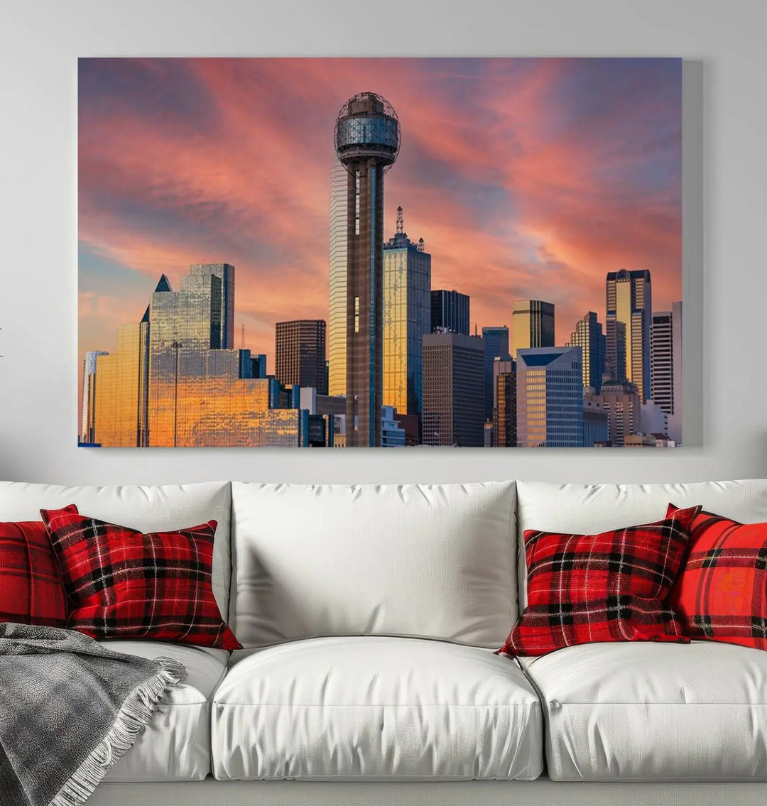 The living room features the Dallas City Tower Sunset Skyline Cityscape View wall art. This triptych canvas print is crafted from museum-quality polycotton with a UV-protective coating, ensuring it remains vibrant and ready to hang.