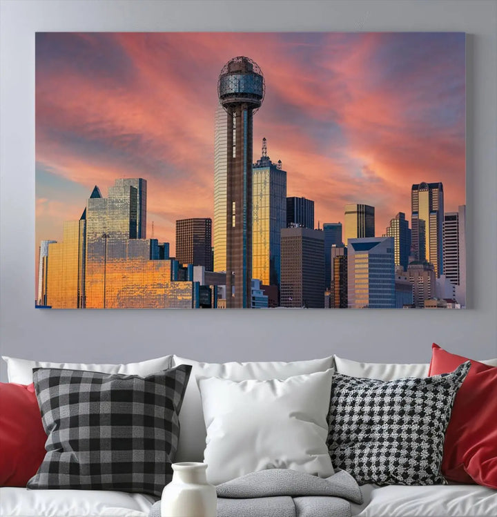 The living room features the Dallas City Tower Sunset Skyline Cityscape View wall art. This triptych canvas print is crafted from museum-quality polycotton with a UV-protective coating, ensuring it remains vibrant and ready to hang.