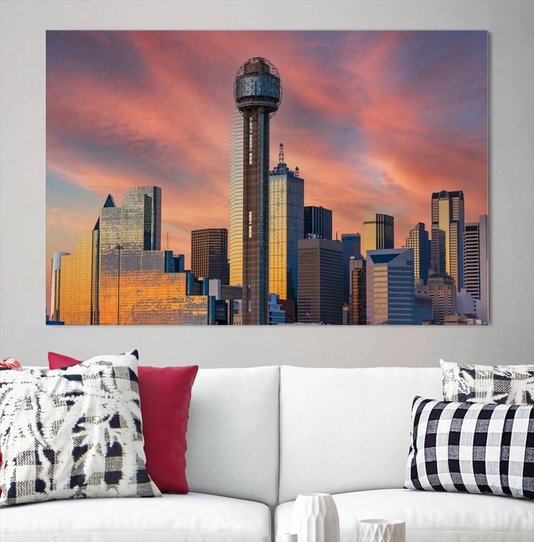 The living room features the Dallas City Tower Sunset Skyline Cityscape View wall art. This triptych canvas print is crafted from museum-quality polycotton with a UV-protective coating, ensuring it remains vibrant and ready to hang.