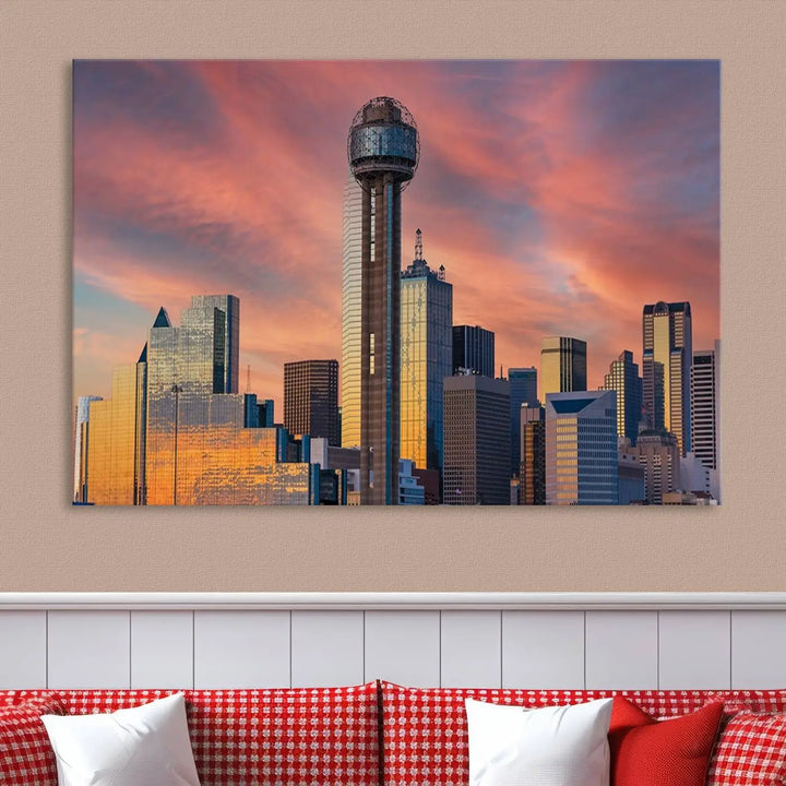 The living room features the Dallas City Tower Sunset Skyline Cityscape View wall art. This triptych canvas print is crafted from museum-quality polycotton with a UV-protective coating, ensuring it remains vibrant and ready to hang.