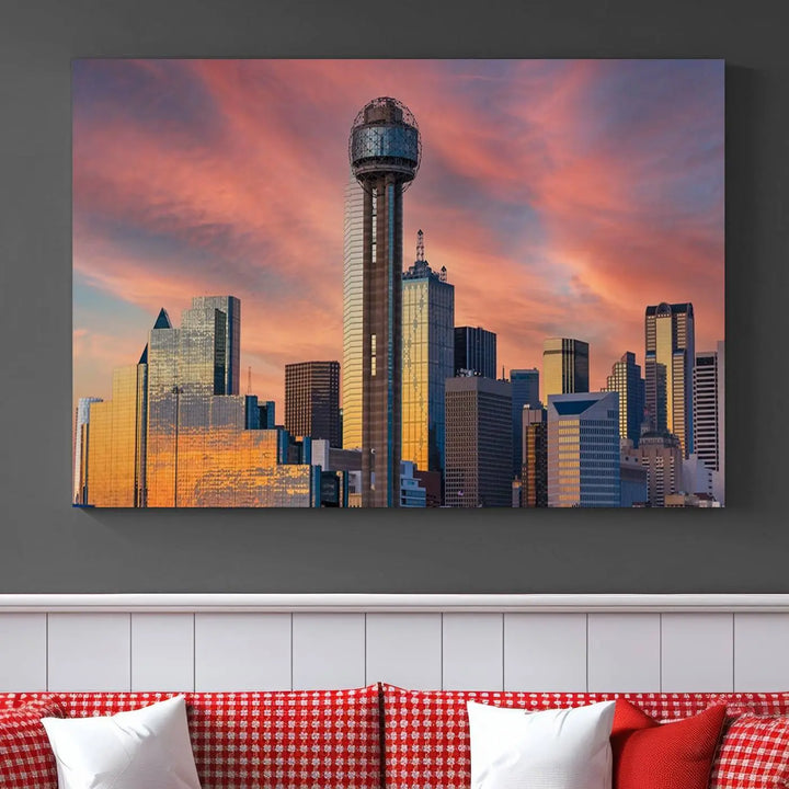 The living room features the Dallas City Tower Sunset Skyline Cityscape View wall art. This triptych canvas print is crafted from museum-quality polycotton with a UV-protective coating, ensuring it remains vibrant and ready to hang.