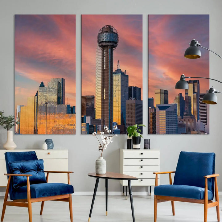 The living room features the Dallas City Tower Sunset Skyline Cityscape View wall art. This triptych canvas print is crafted from museum-quality polycotton with a UV-protective coating, ensuring it remains vibrant and ready to hang.