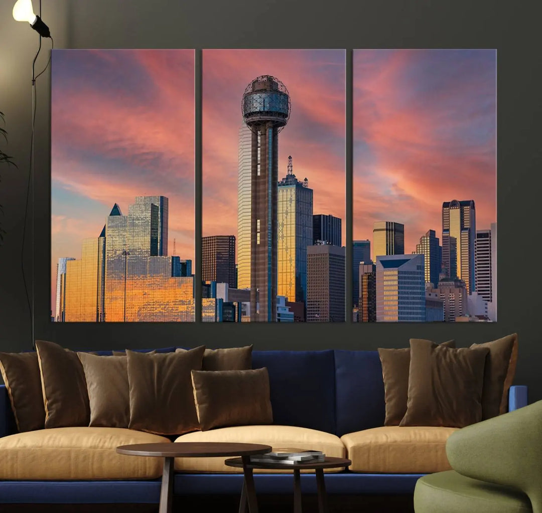 The living room features the Dallas City Tower Sunset Skyline Cityscape View wall art. This triptych canvas print is crafted from museum-quality polycotton with a UV-protective coating, ensuring it remains vibrant and ready to hang.