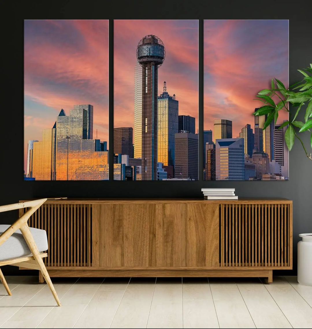 The living room features the Dallas City Tower Sunset Skyline Cityscape View wall art. This triptych canvas print is crafted from museum-quality polycotton with a UV-protective coating, ensuring it remains vibrant and ready to hang.