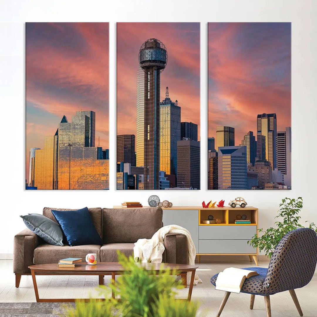 The living room features the Dallas City Tower Sunset Skyline Cityscape View wall art. This triptych canvas print is crafted from museum-quality polycotton with a UV-protective coating, ensuring it remains vibrant and ready to hang.