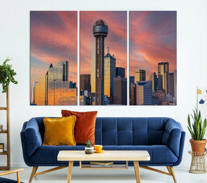 The living room features the Dallas City Tower Sunset Skyline Cityscape View wall art. This triptych canvas print is crafted from museum-quality polycotton with a UV-protective coating, ensuring it remains vibrant and ready to hang.